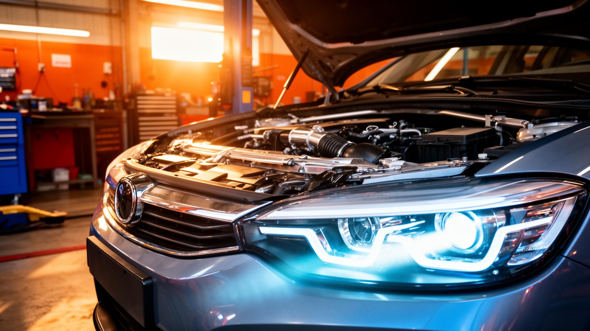 Détail technique automobile — engrenages et phare LED